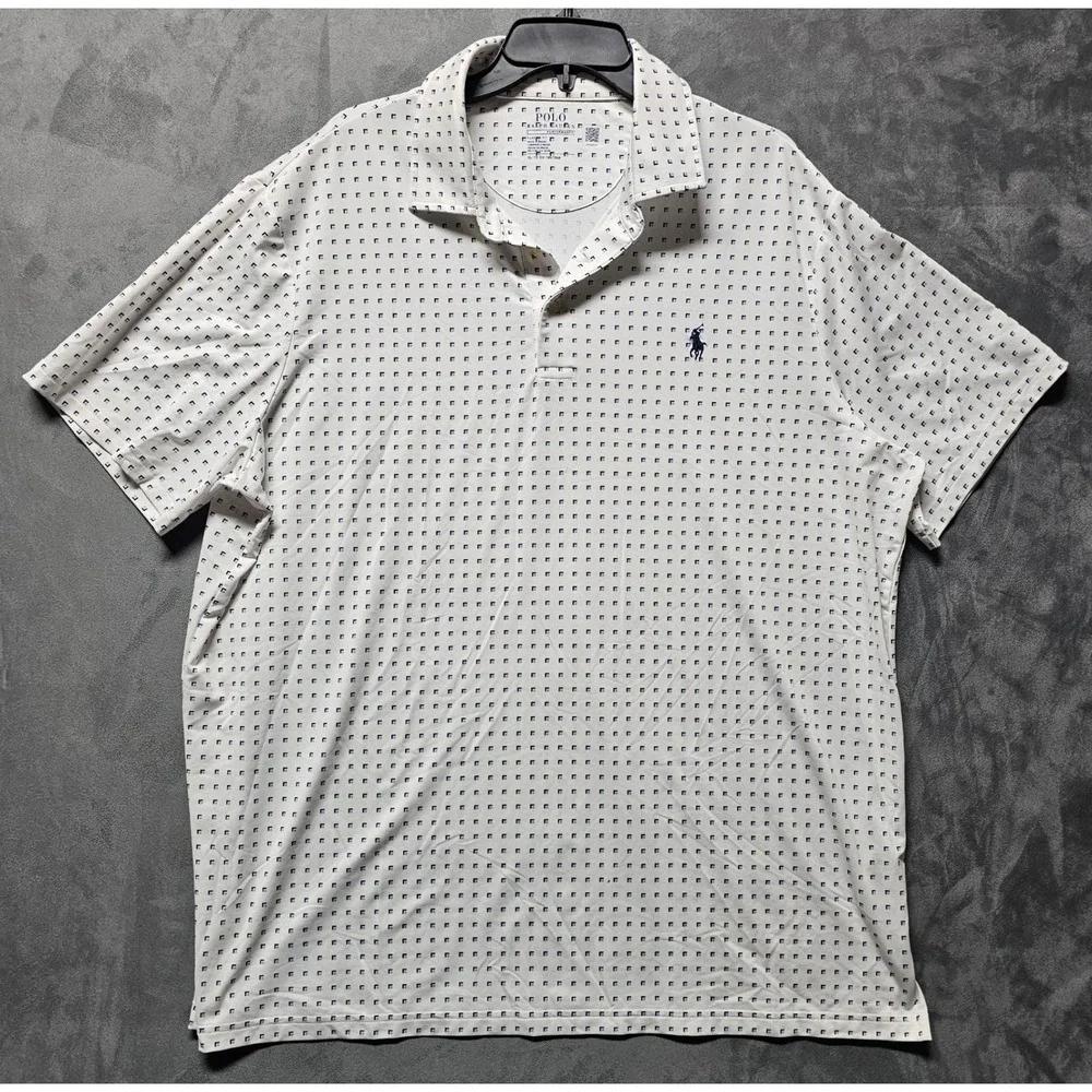 Polo Ralph Lauren Performance Men's XL White Navy Blue Geometric Golf Polo Shirt
